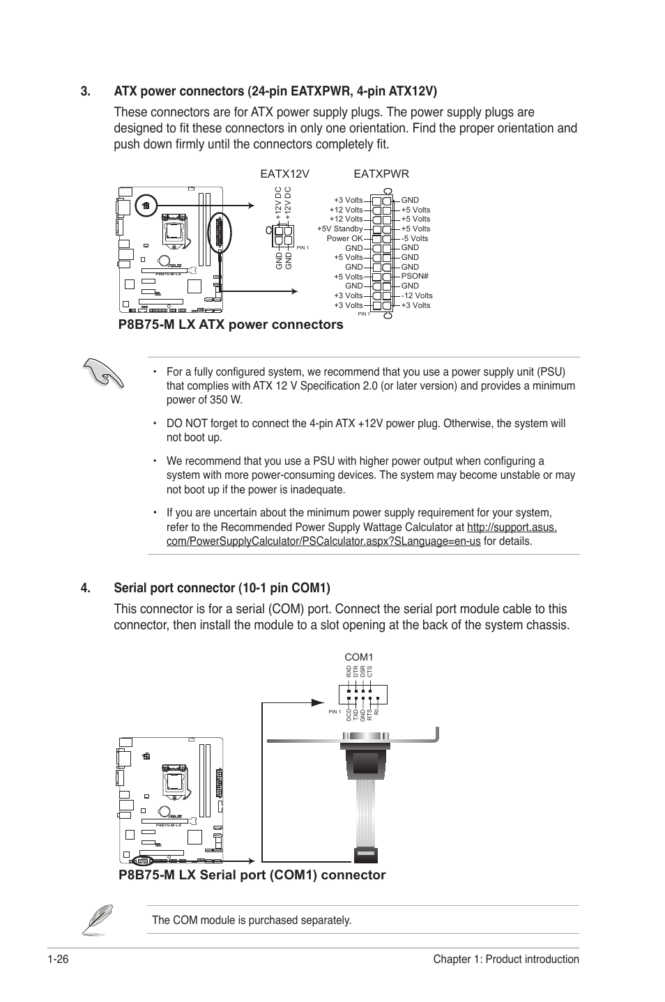 P8b75-m lx atx power connectors, P8b75-m lx serial port (com1) connector | Asus P8B75-M LX/TW User Manual | Page 36 / 76