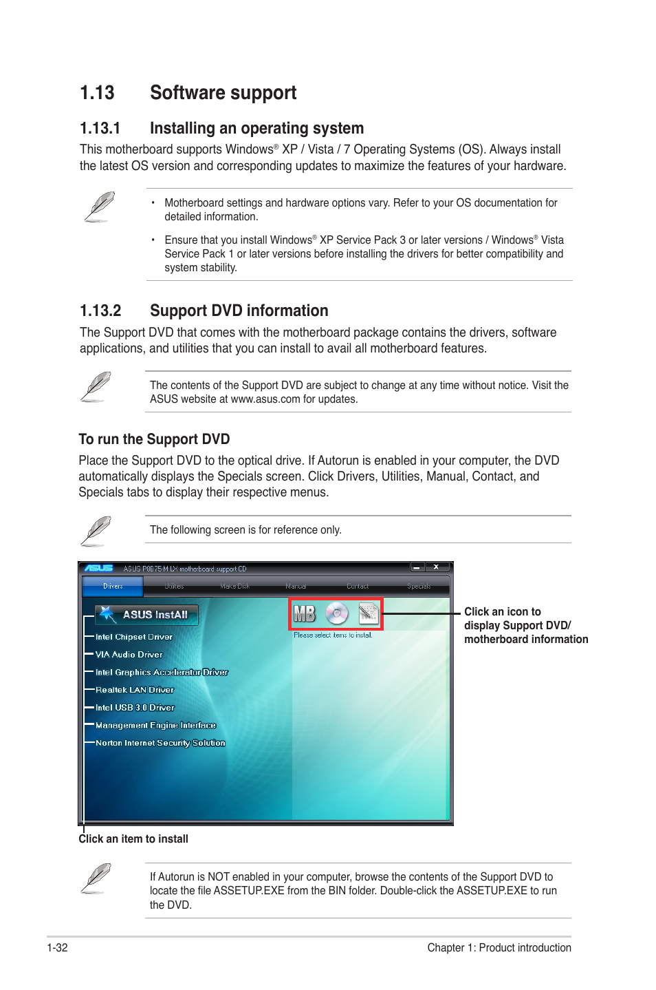 13 software support, 1 installing an operating system, 2 support dvd information | 13 software support -32 | Asus P8B75-M LX/TW User Manual | Page 42 / 76