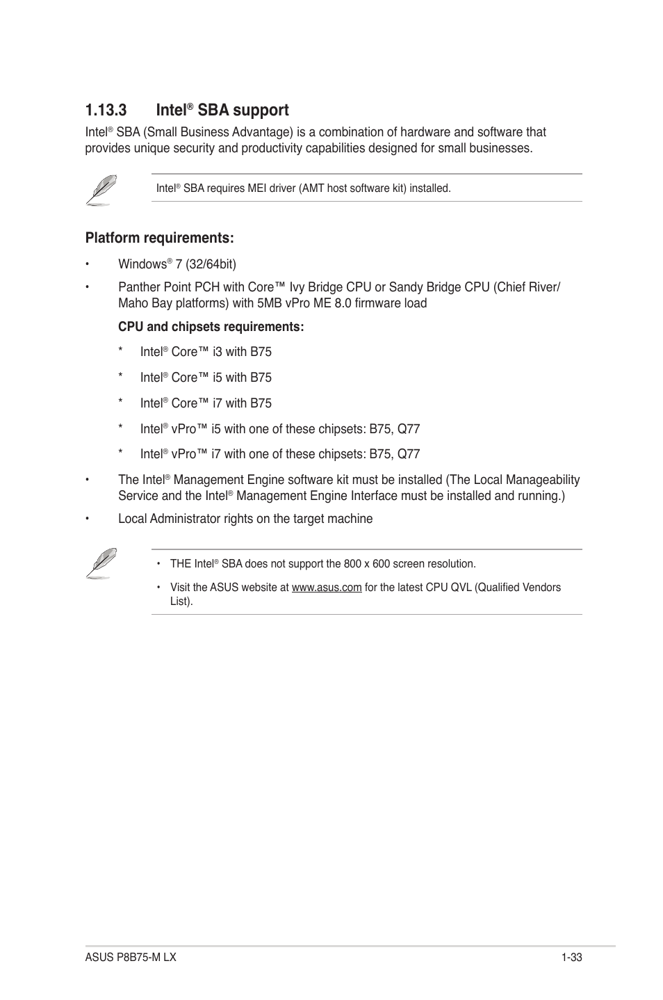 3 intel® sba support, 3 intel, Sba support -33 | Sba support, Platform requirements | Asus P8B75-M LX/TW User Manual | Page 43 / 76