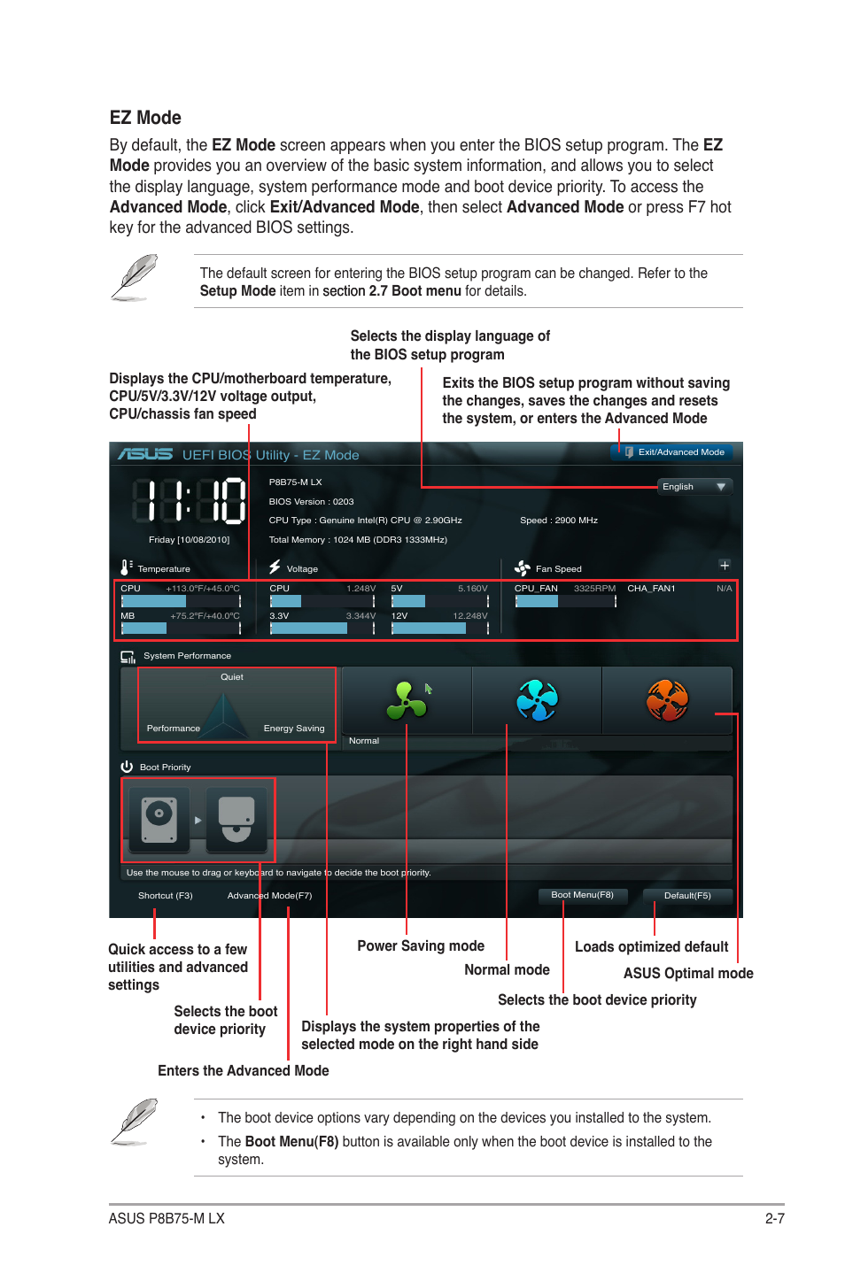 Ez mode, 7 asus p8b75-m lx, Selects the boot device priority | Asus P8B75-M LX/TW User Manual | Page 51 / 76