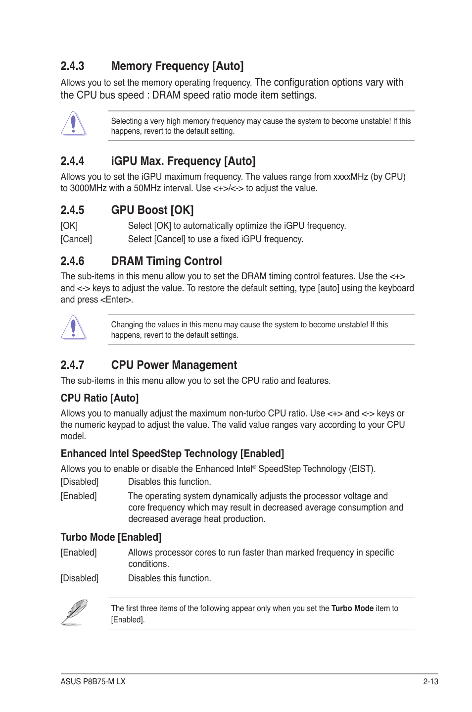 3 memory frequency [auto, 4 igpu max. frequency [auto, 5 gpu boost [ok | 6 dram timing control, 7 cpu power management, Memory frequency [auto] -13, Igpu max. frequency [auto] -13, Gpu boost [ok] -13, Dram timing control -13, Cpu power management -13 | Asus P8B75-M LX/TW User Manual | Page 57 / 76