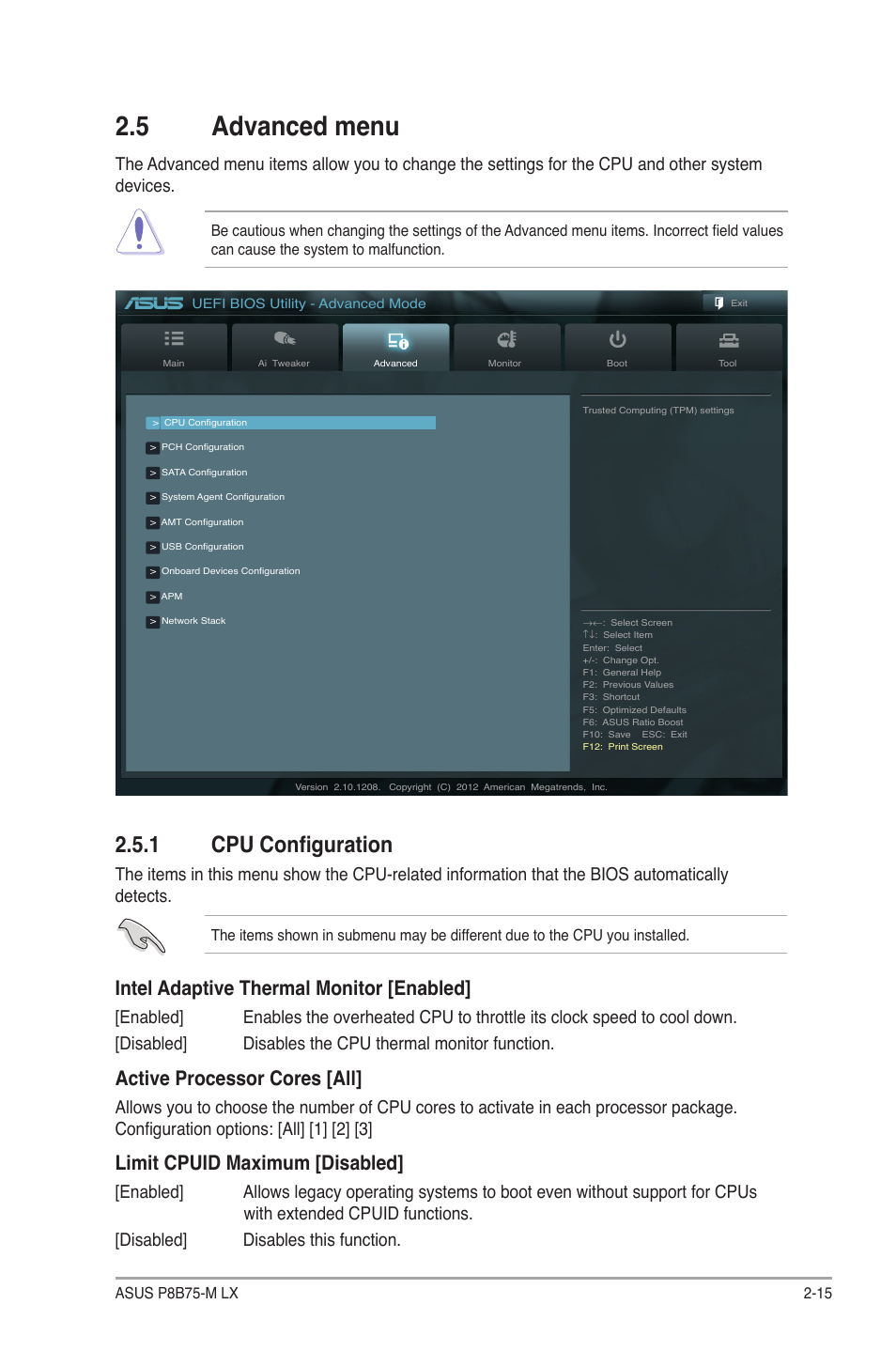 5 advanced menu, 1 cpu configuration, Advanced menu -15 2.5.1 | Cpu configuration -15, Intel adaptive thermal monitor [enabled, Active processor cores [all, Limit cpuid maximum [disabled | Asus P8B75-M LX/TW User Manual | Page 59 / 76