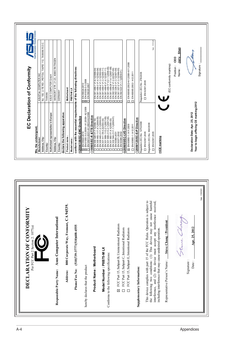 Declaration of conformity, Ec declaration of conformity, A-4 appendices | Asu s c om pu te r in te rn at io na l | Asus P8B75-M LX/TW User Manual | Page 76 / 76