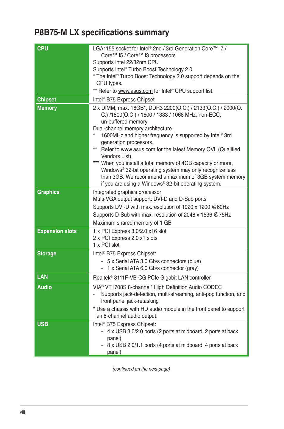 P8b75-m lx specifications summary | Asus P8B75-M LX/TW User Manual | Page 8 / 76