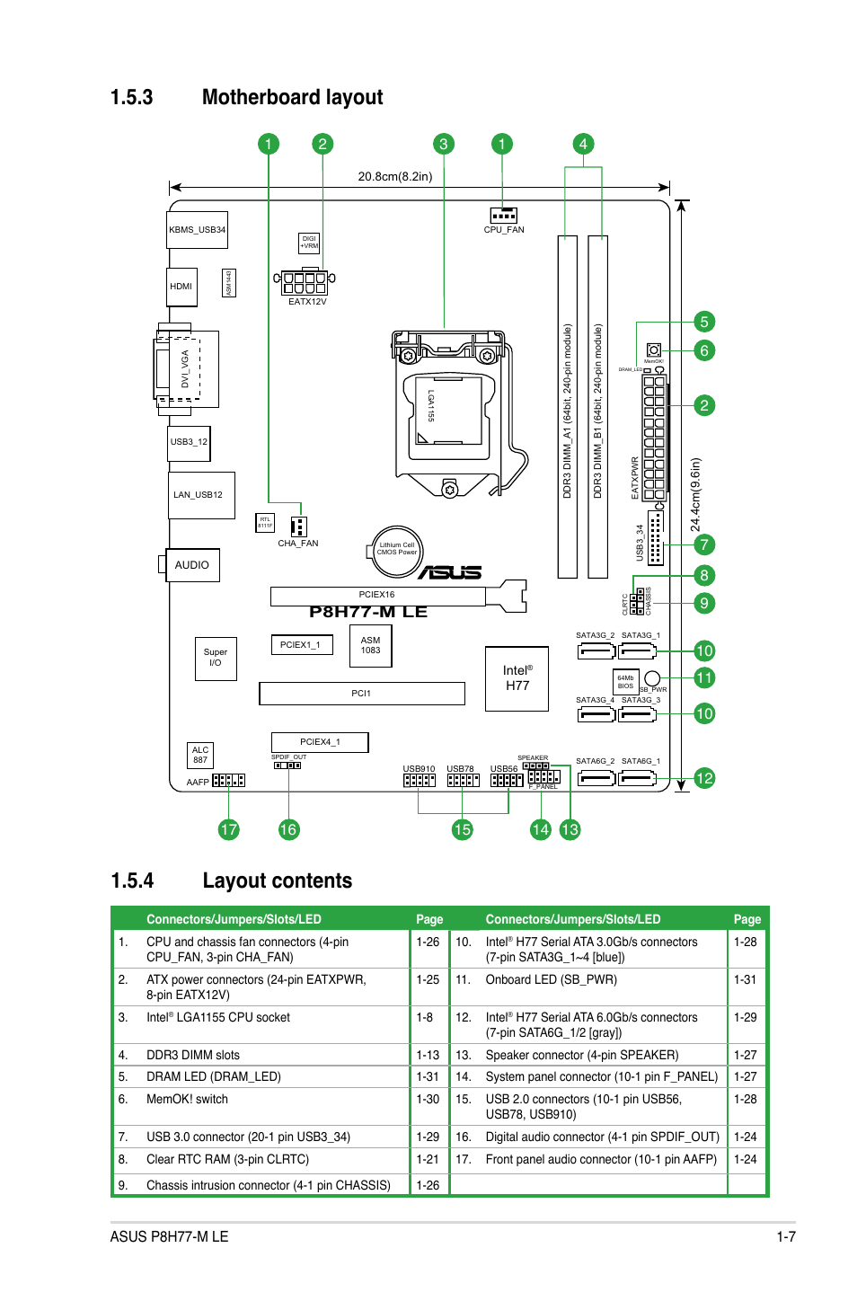 3 motherboard layout, 4 layout contents, Motherboard layout -7 | Layout contents -7, 3 motherboard layout 1.5.4 layout contents, P8h77-m le | Asus P8H77-M LE User Manual | Page 17 / 76