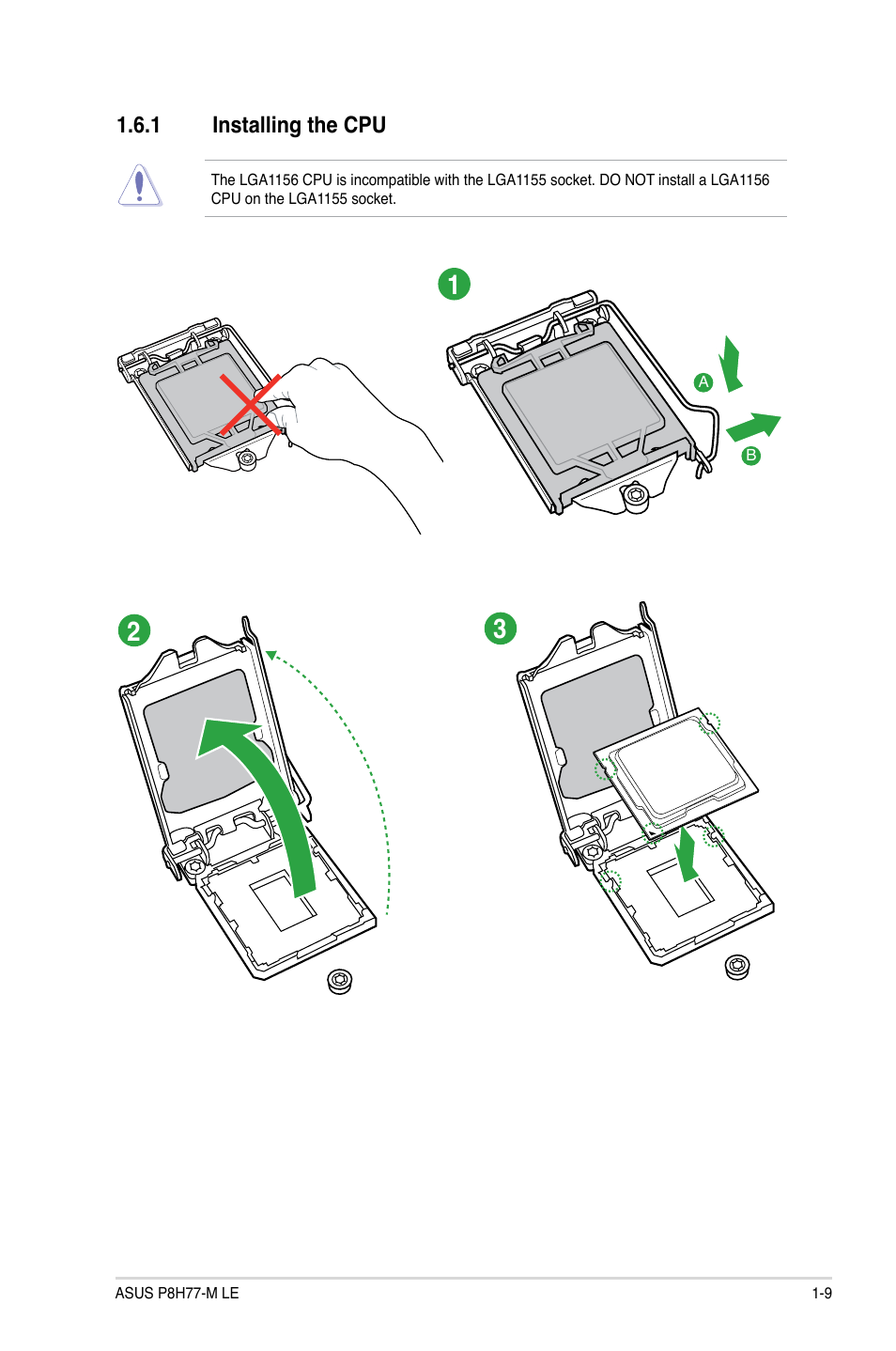 1 installing the cpu, Installing the cpu -9 | Asus P8H77-M LE User Manual | Page 19 / 76