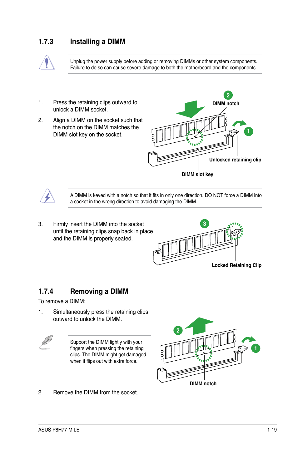 3 installing a dimm, 4 removing a dimm, Installing a dimm -19 | Removing a dimm -19 | Asus P8H77-M LE User Manual | Page 29 / 76