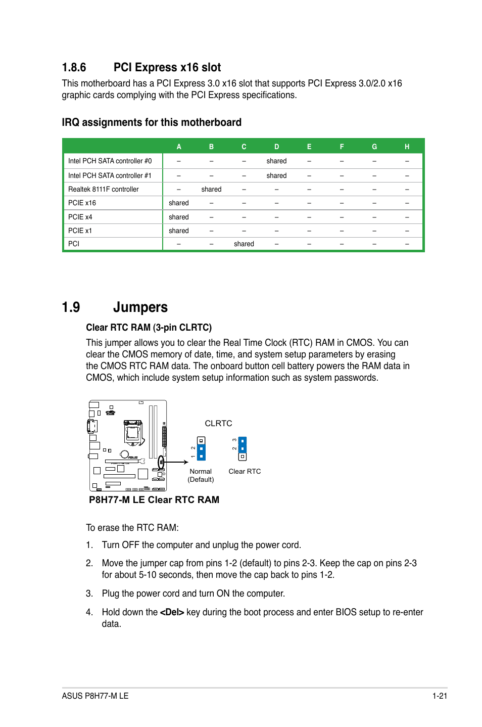 6 pci express x16 slot, 9 jumpers, Pci express x16 slot -21 | Jumpers -21, Irq assignments for this motherboard, P8h77-m le clear rtc ram | Asus P8H77-M LE User Manual | Page 31 / 76