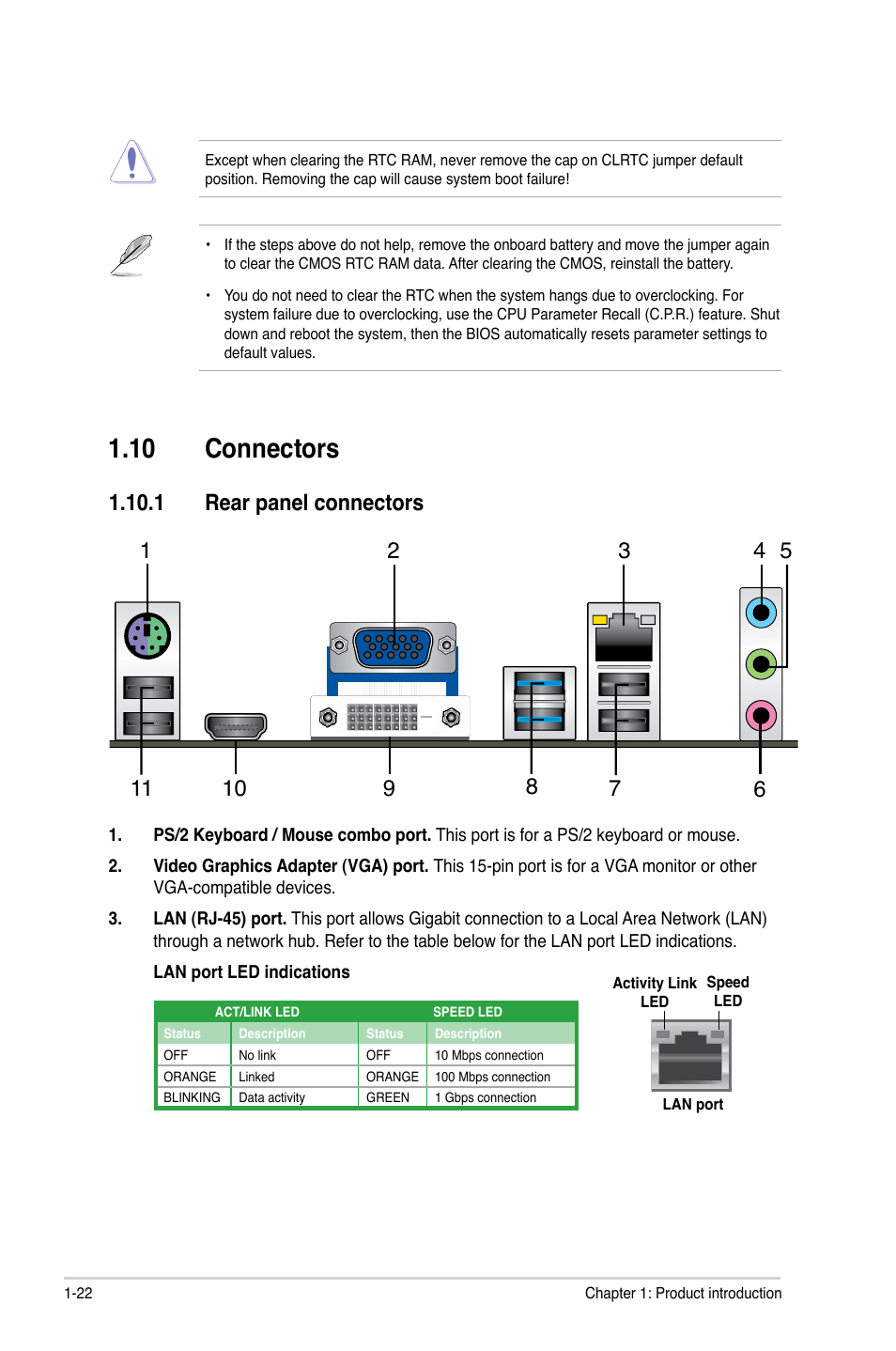 10 connectors, 1 rear panel connectors, 10 connectors -22 | 1 rear panel connectors -22 | Asus P8H77-M LE User Manual | Page 32 / 76