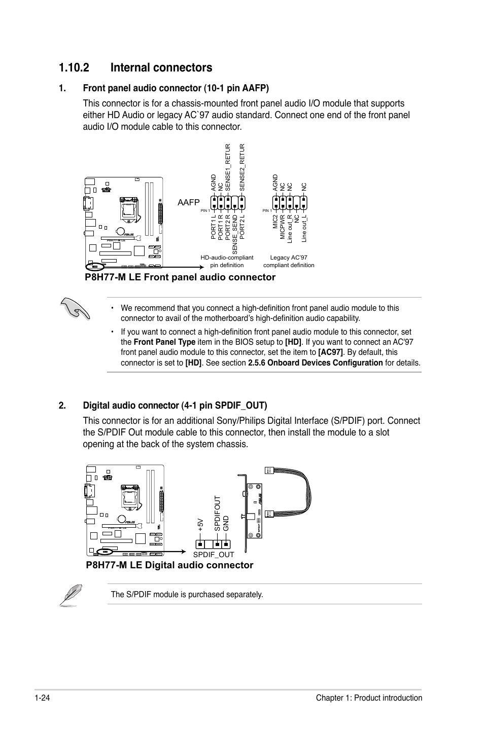 2 internal connectors, 2 internal connectors -24, P8h77-m le front panel audio connector | P8h77-m le digital audio connector | Asus P8H77-M LE User Manual | Page 34 / 76
