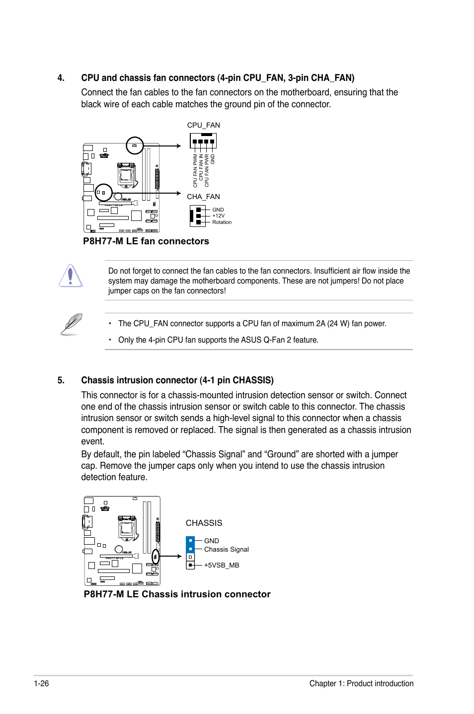 P8h77-m le fan connectors, P8h77-m le chassis intrusion connector | Asus P8H77-M LE User Manual | Page 36 / 76