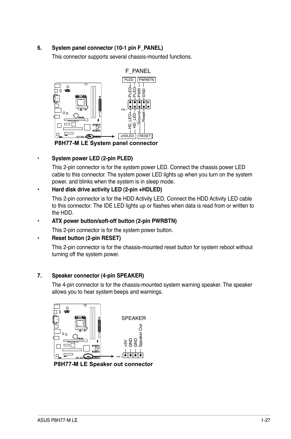 P8h77-m le system panel connector, F_panel, P8h77-m le speaker out connector | Asus P8H77-M LE User Manual | Page 37 / 76