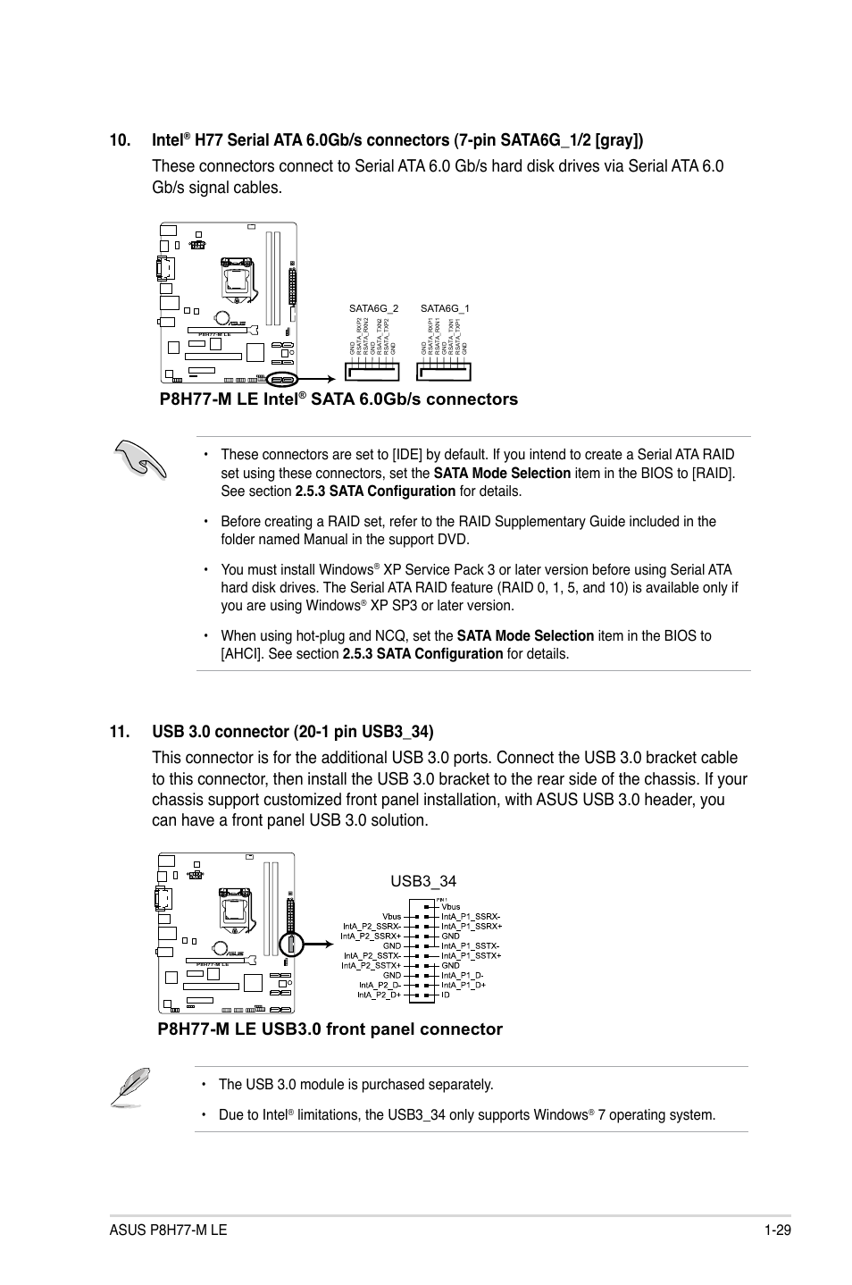 Intel, P8h77-m le intel, Sata 6.0gb/s connectors | Usb3_34, Limitations, the usb3_34 only supports windows, 7 operating system | Asus P8H77-M LE User Manual | Page 39 / 76