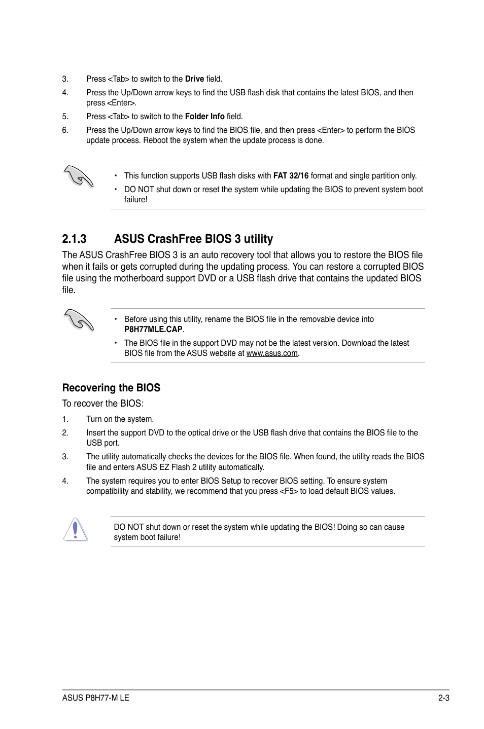 3 asus crashfree bios 3 utility, Asus crashfree bios 3 utility -3, Recovering the bios | Asus P8H77-M LE User Manual | Page 45 / 76
