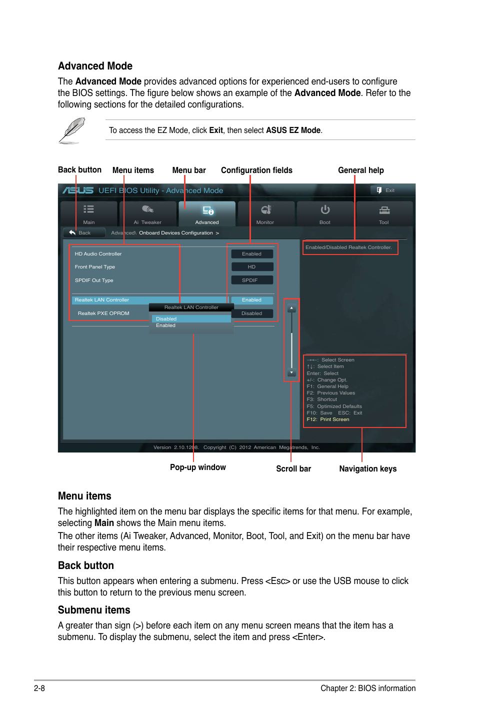 Advanced mode, Menu items, Back button | Submenu items | Asus P8H77-M LE User Manual | Page 50 / 76