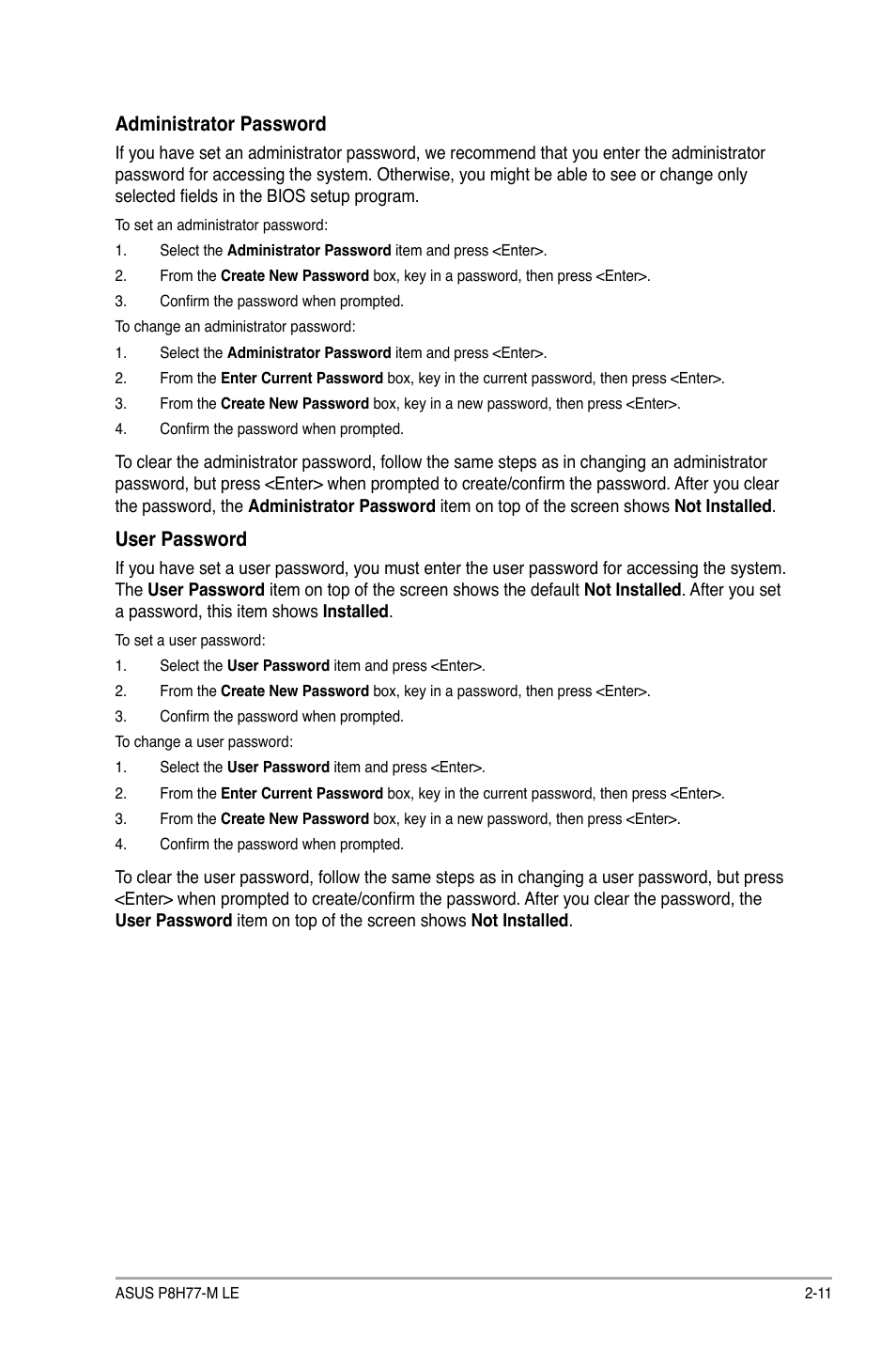 Administrator password, User password | Asus P8H77-M LE User Manual | Page 53 / 76