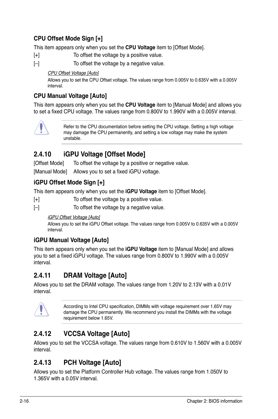 10 igpu voltage [offset mode, 11 dram voltage [auto, 12 vccsa voltage [auto | 13 pch voltage [auto | Asus P8H77-M LE User Manual | Page 58 / 76