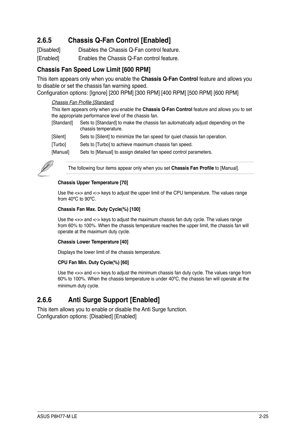 5 chassis q-fan control [enabled, 6 anti surge support [enabled, Chassis q-fan control [enabled] -25 | Anti surge support [enabled] -25 | Asus P8H77-M LE User Manual | Page 67 / 76