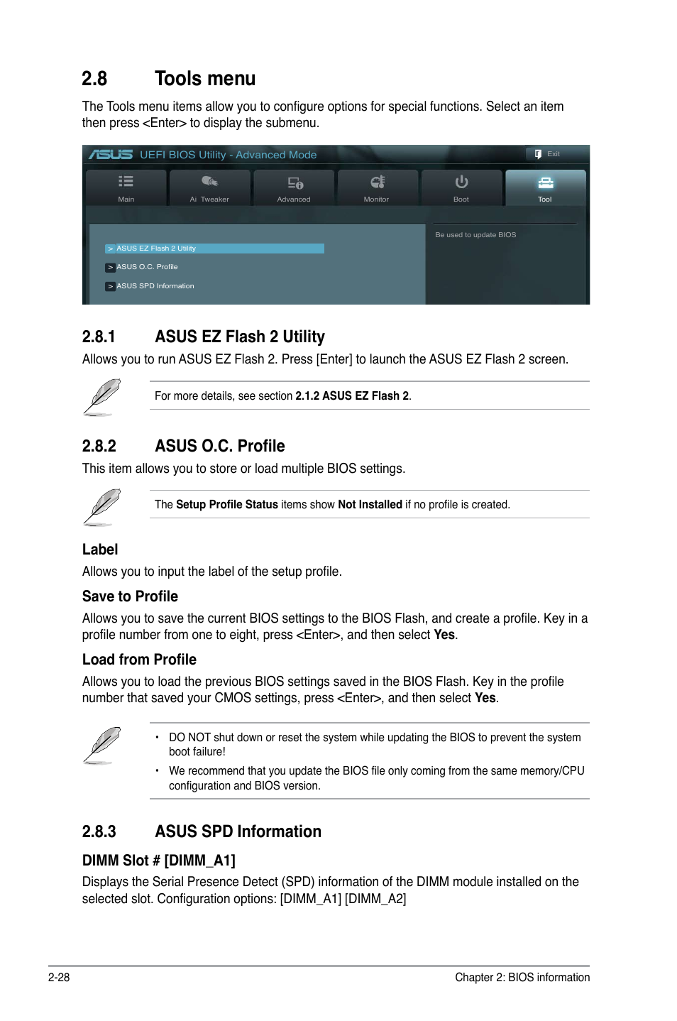 8 tools menu, 1 asus ez flash 2 utility, 2 asus o.c. profile | 3 asus spd information, Tools menu -28 2.8.1, Asus ez flash 2 utility -28, Asus o.c. profile -28, Asus spd information -28, Label, Save to profile | Asus P8H77-M LE User Manual | Page 70 / 76