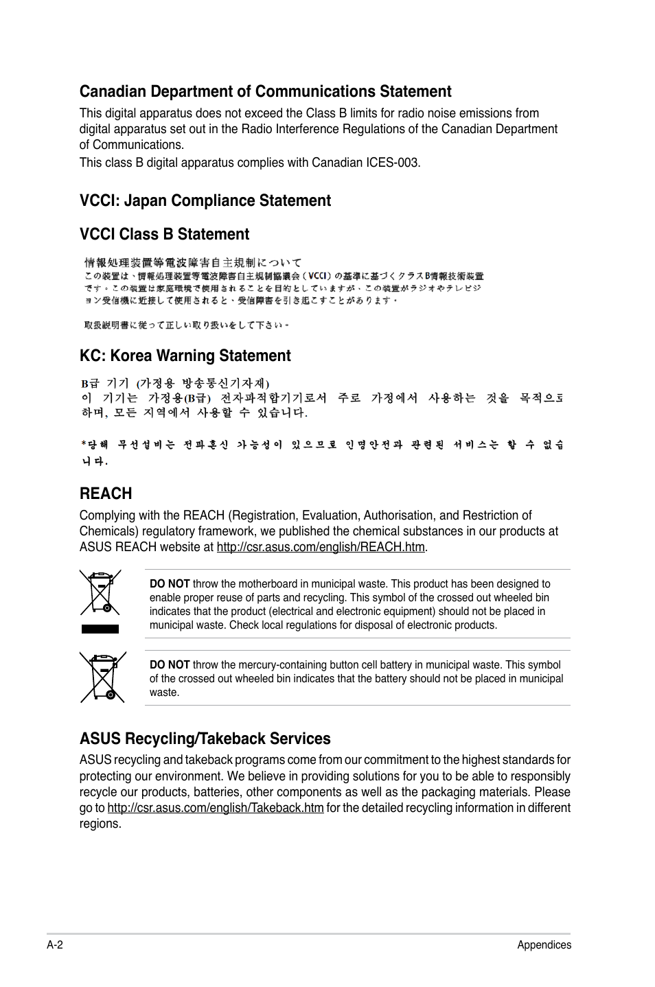 Reach, Asus recycling/takeback services | Asus P8H77-M LE User Manual | Page 74 / 76