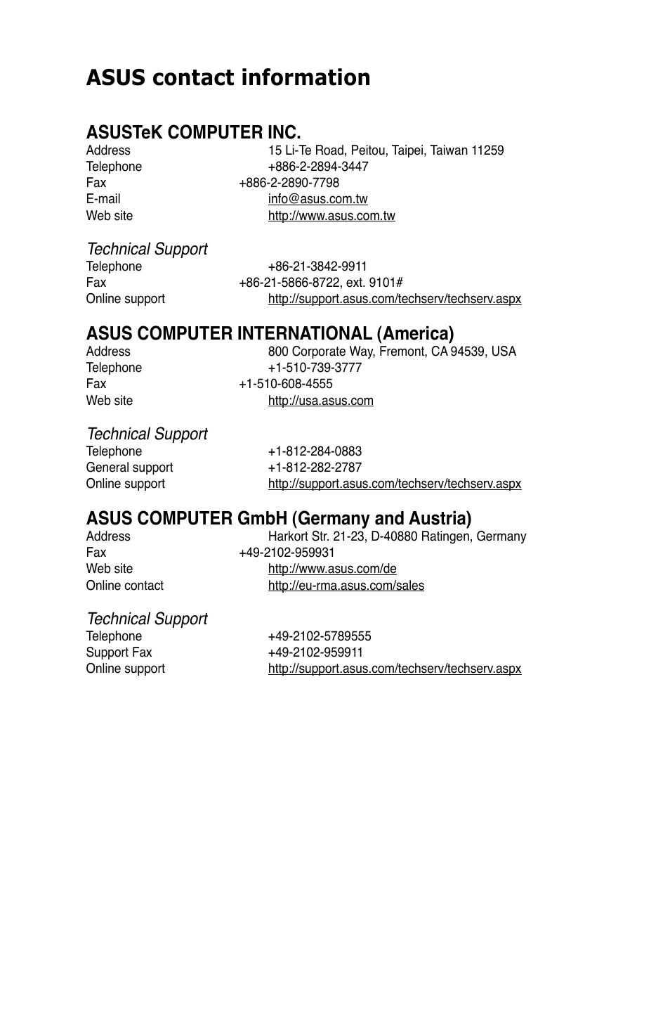 Asus contact information, Asustek computer inc, Asus computer international (america) | Asus computer gmbh (germany and austria), Technical support | Asus P8H77-M LE User Manual | Page 75 / 76