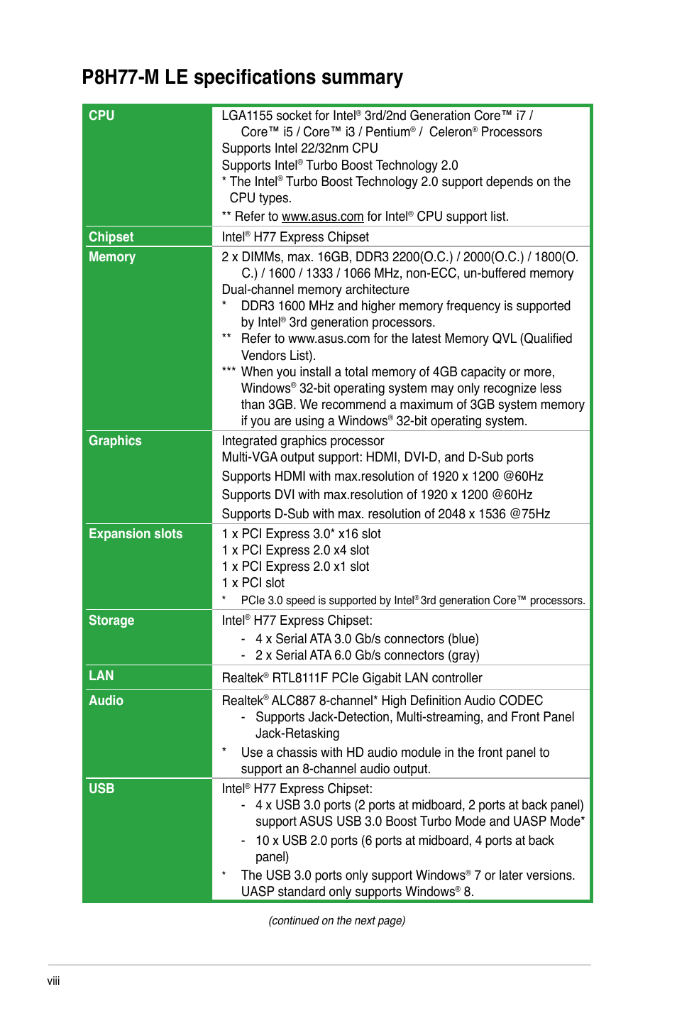 P8h77-m le specifications summary | Asus P8H77-M LE User Manual | Page 8 / 76