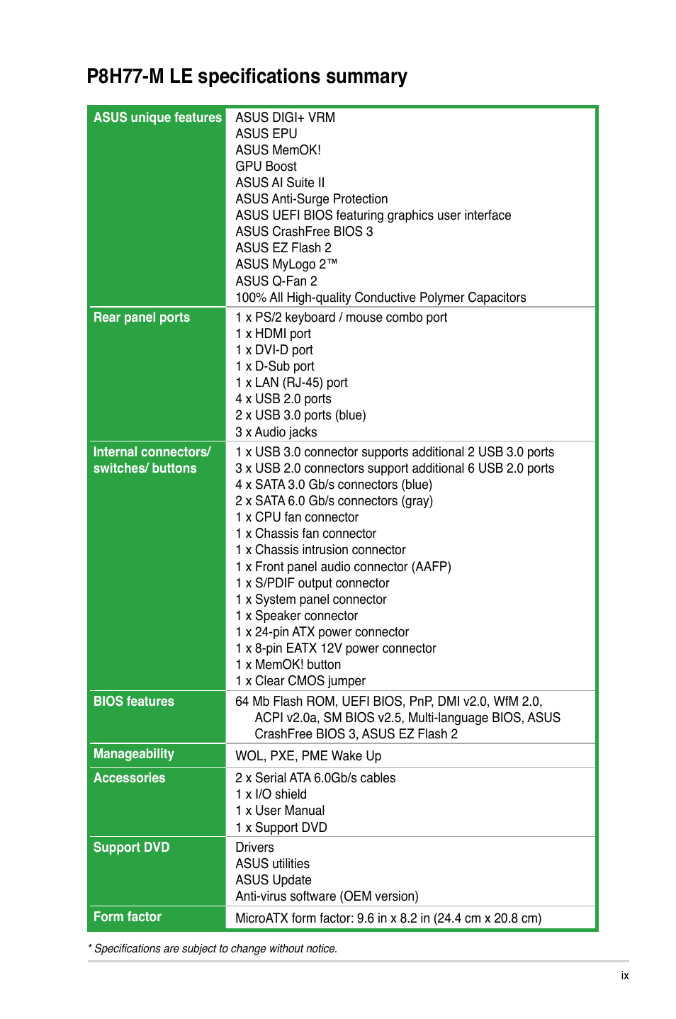 P8h77-m le specifications summary | Asus P8H77-M LE User Manual | Page 9 / 76