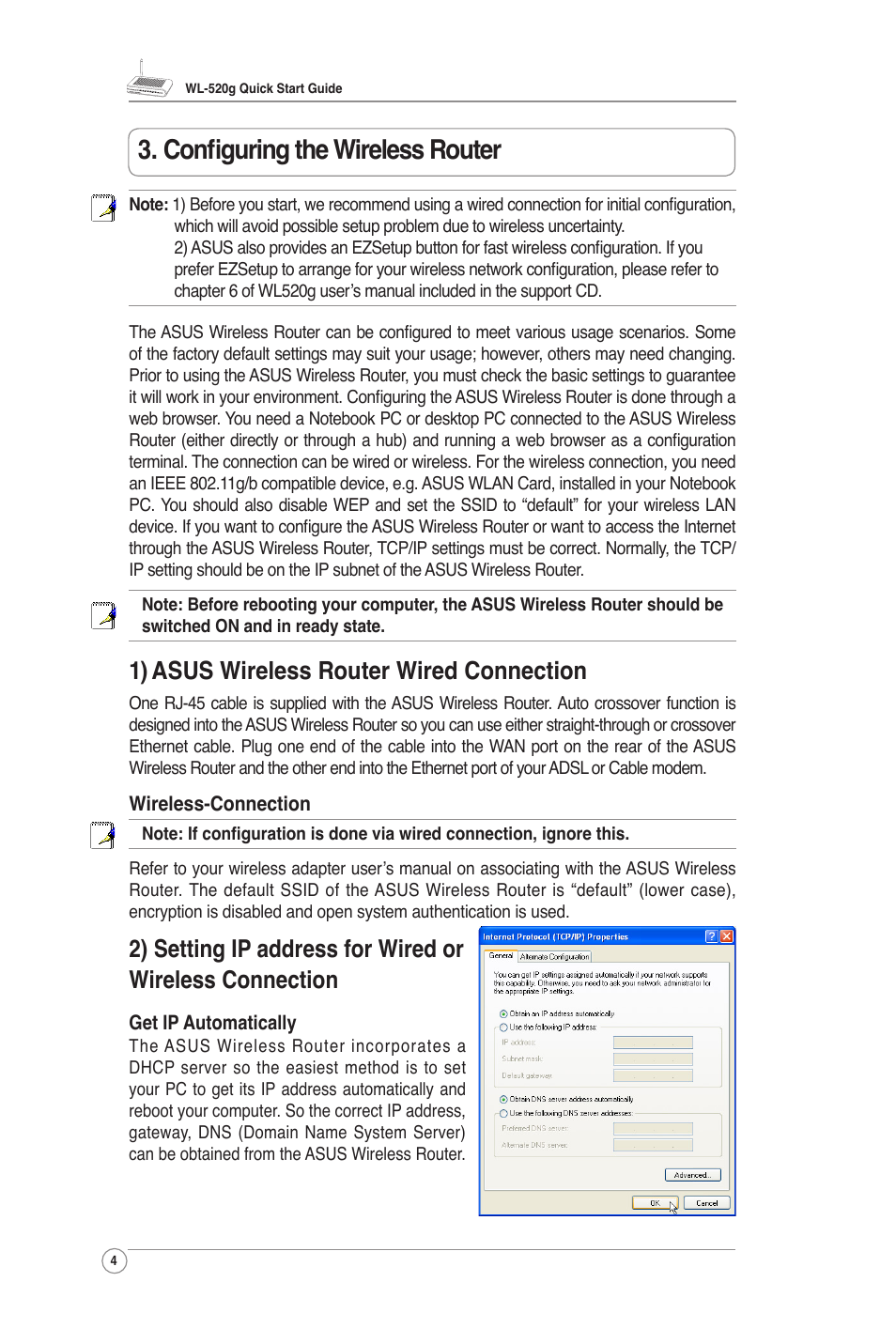 Conﬁguring the wireless router, 1) asus wireless router wired connection | Asus WL-520G User Manual | Page 6 / 14