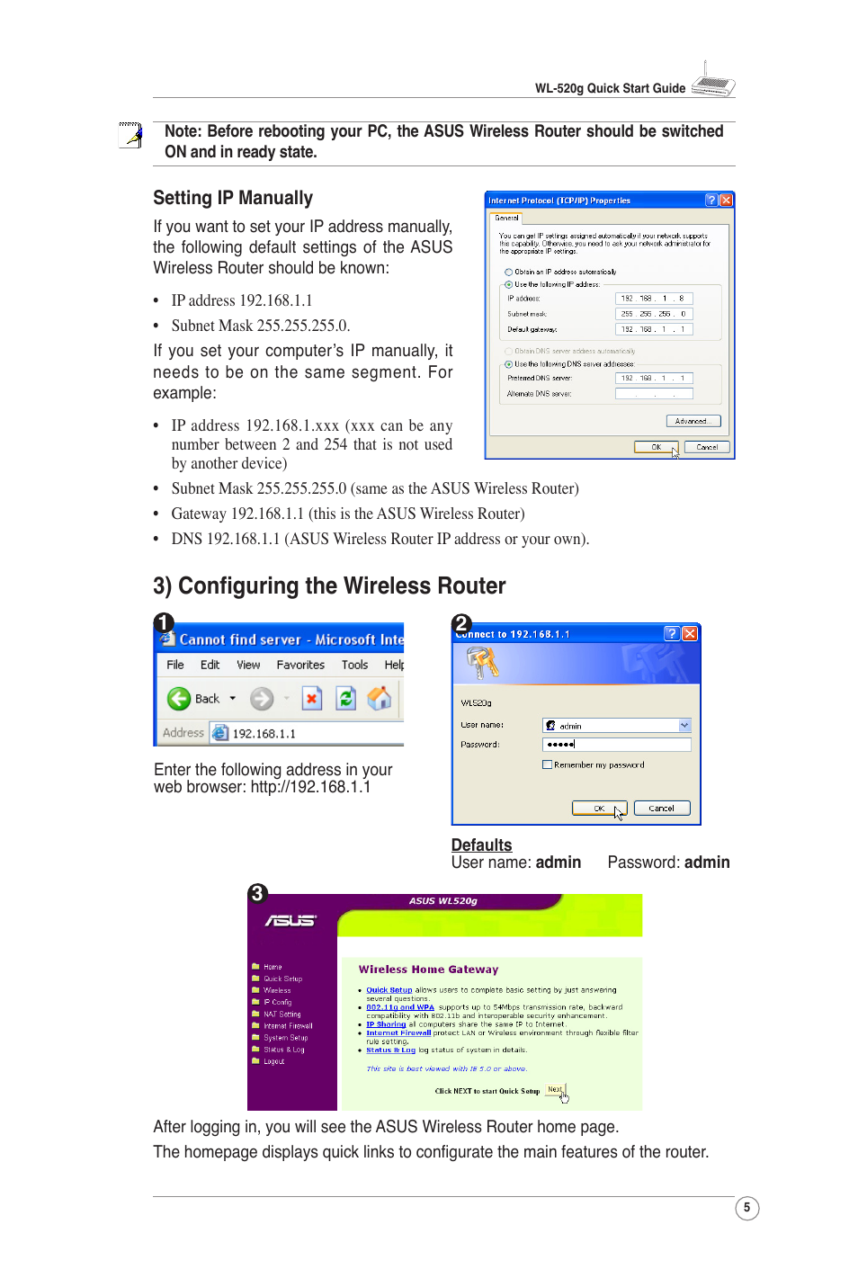 3) conﬁguring the wireless router | Asus WL-520G User Manual | Page 7 / 14