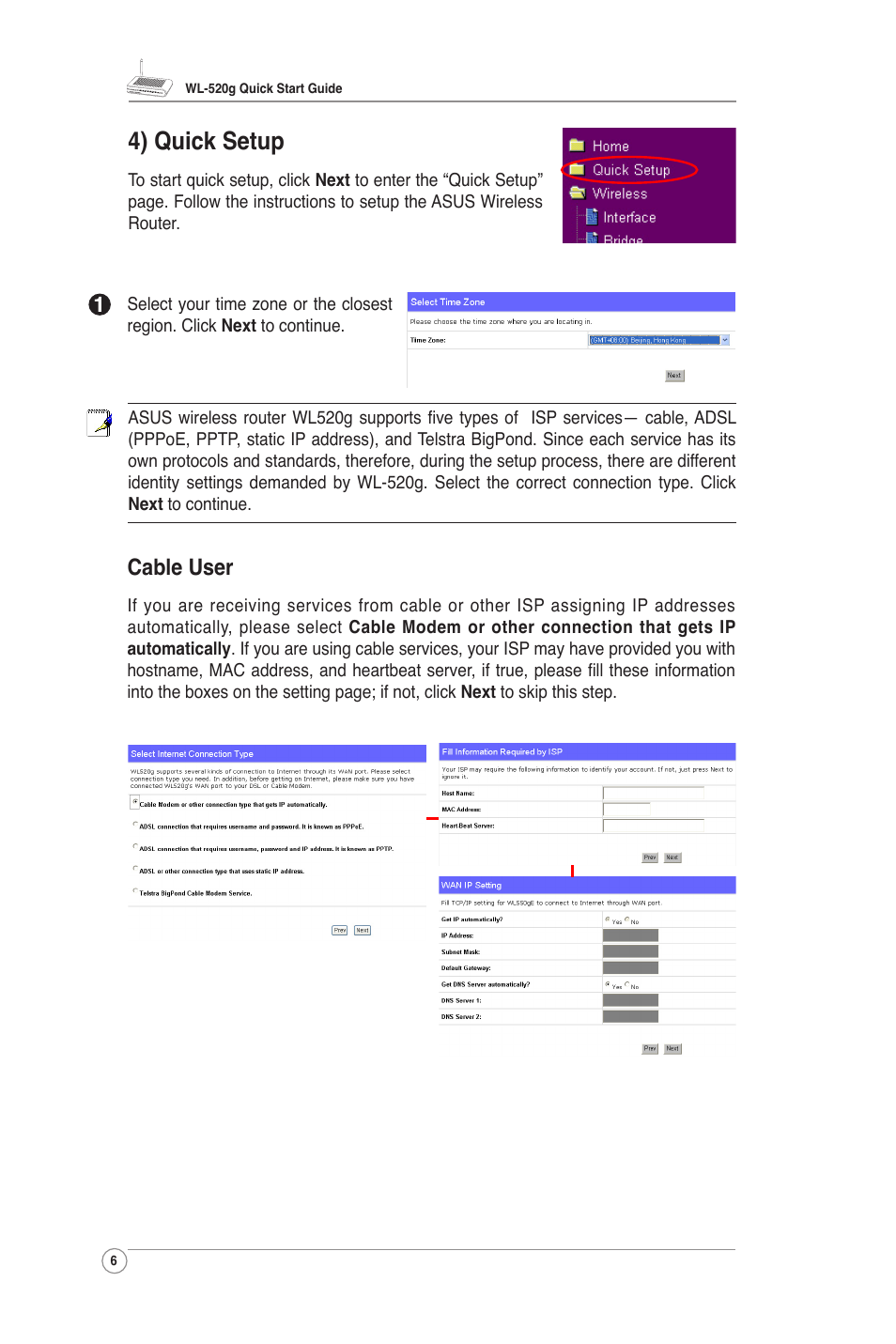 4) quick setup, Cable user | Asus WL-520G User Manual | Page 8 / 14