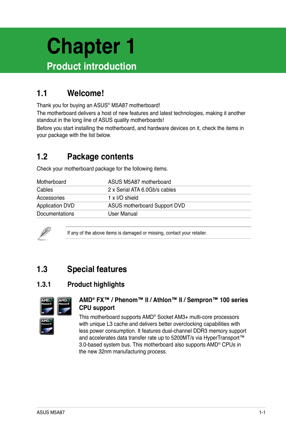 Chapter 1, Product introduction, 1 welcome | 2 package contents, 3 special features, 1 product highlights, Welcome! -1, Package contents -1, Special features -1 1.3.1, Product highlights -1 | Asus M5A87 User Manual | Page 13 / 70