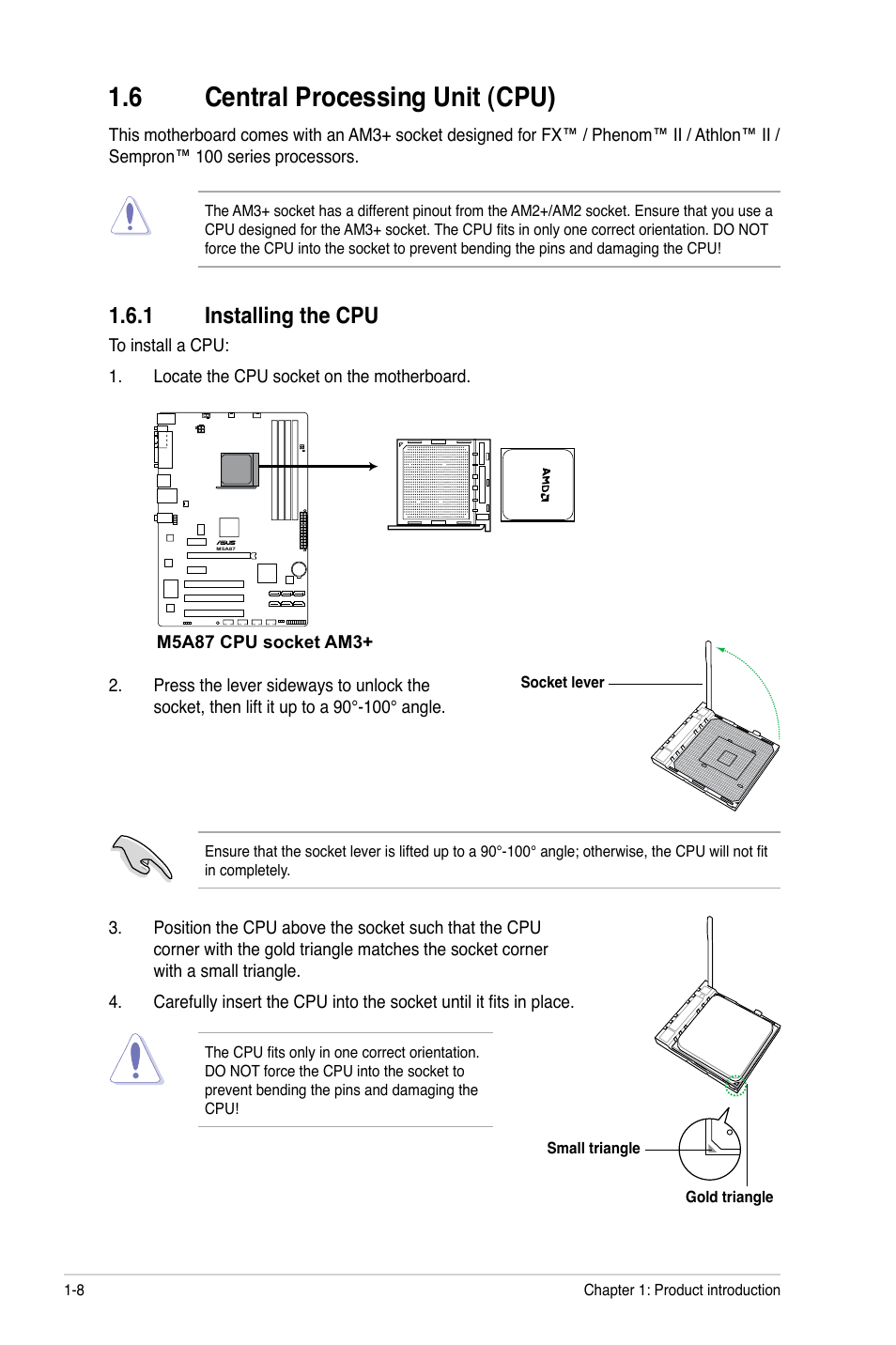 6 central processing unit (cpu), 1 installing the cpu, Central processing unit (cpu) -8 1.6.1 | Installing the cpu -8 | Asus M5A87 User Manual | Page 20 / 70