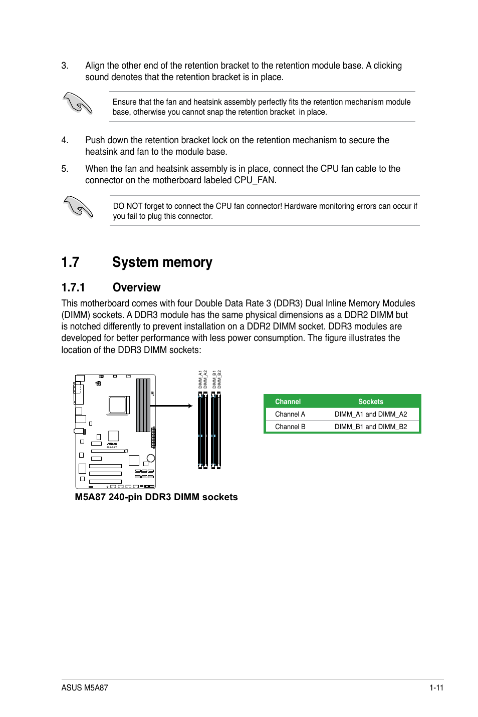 7 system memory, 1 overview, System memory -11 1.7.1 | Overview -11 | Asus M5A87 User Manual | Page 23 / 70