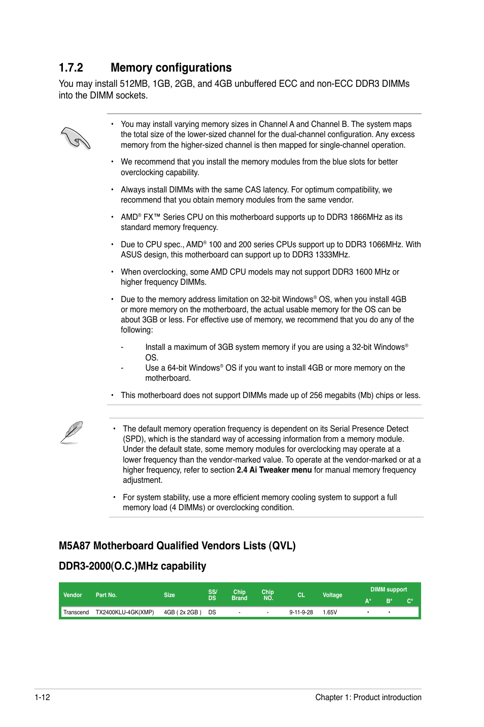 2 memory configurations, Memory configurations -12 | Asus M5A87 User Manual | Page 24 / 70