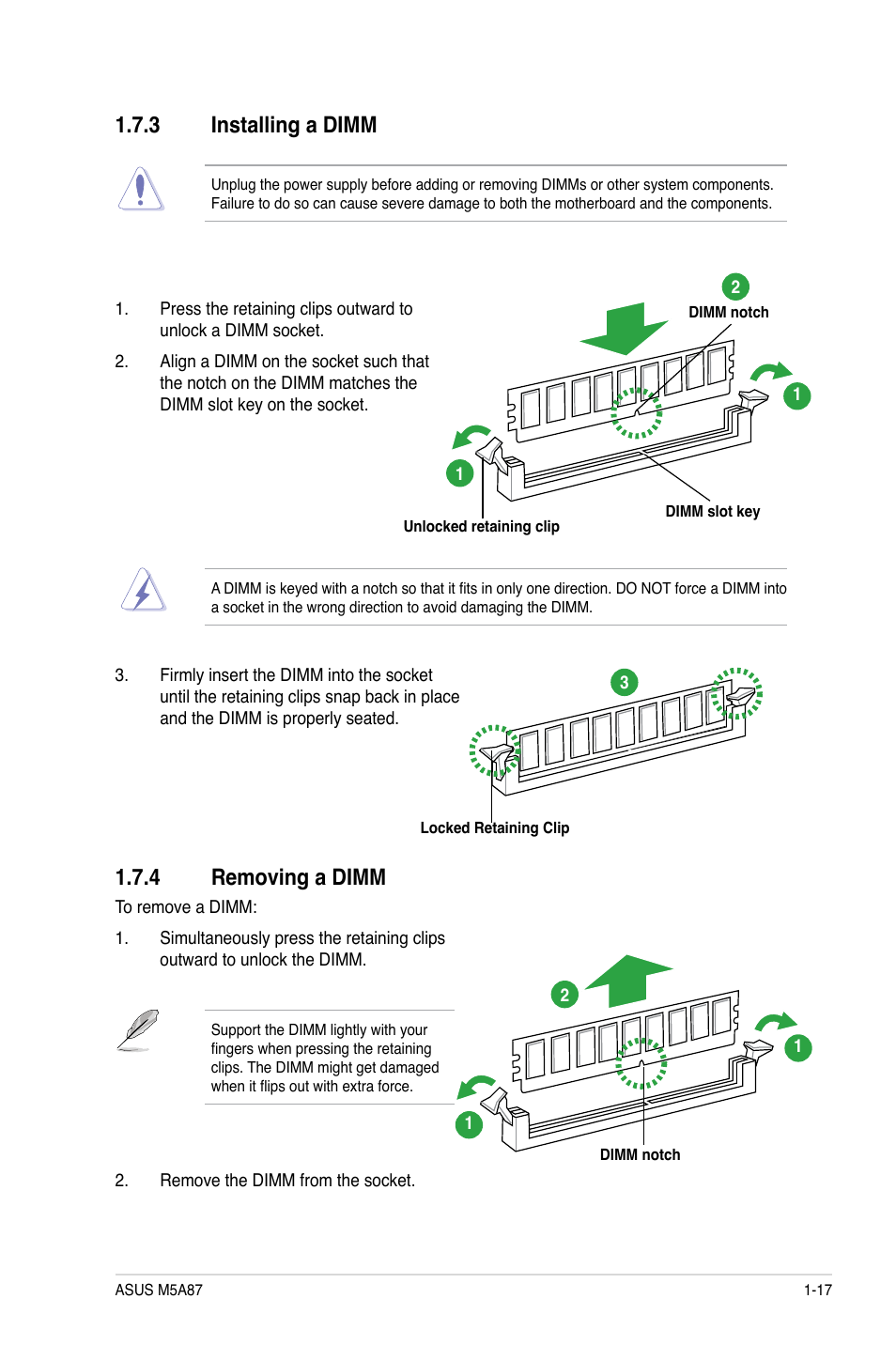 3 installing a dimm, 4 removing a dimm, Installing a dimm -17 | Removing a dimm -17 | Asus M5A87 User Manual | Page 29 / 70