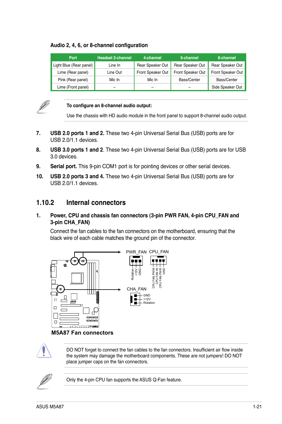 2 internal connectors, 2 internal connectors -21, M5a87 fan connectors | Asus M5A87 User Manual | Page 33 / 70