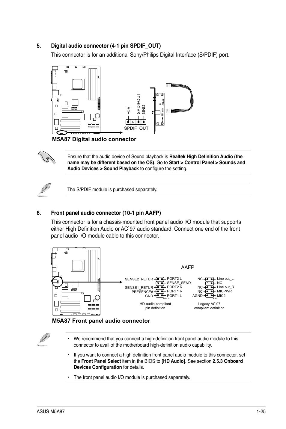 M5a87 digital audio connector, M5a87 front panel audio connector | Asus M5A87 User Manual | Page 37 / 70