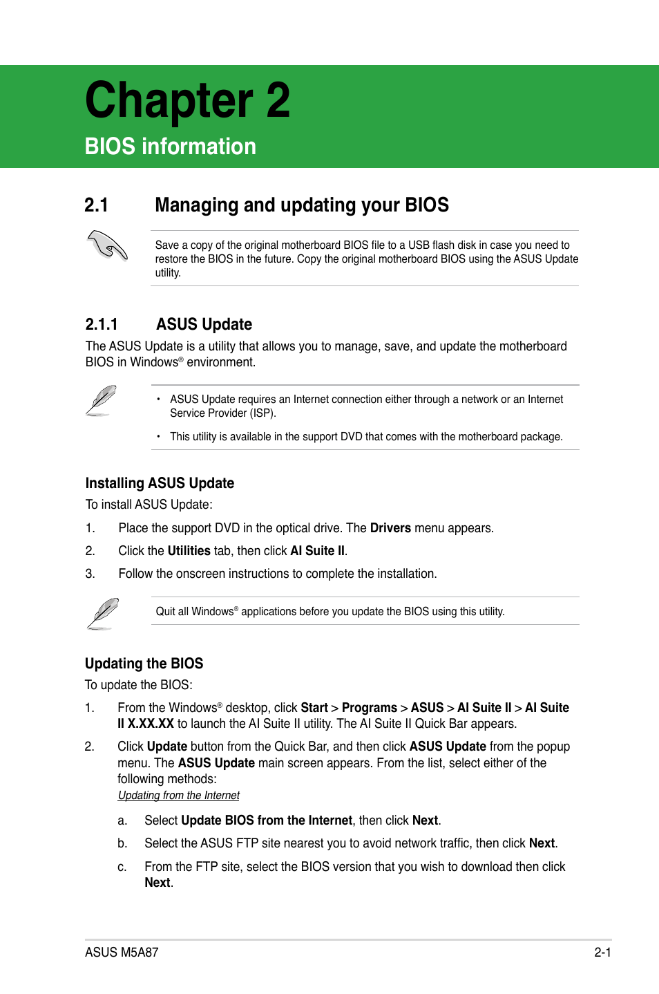 Chapter 2, Bios information, 1 managing and updating your bios | 1 asus update, Chapter 2: bios information, Managing and updating your bios -1 2.1.1, Asus update -1 | Asus M5A87 User Manual | Page 43 / 70