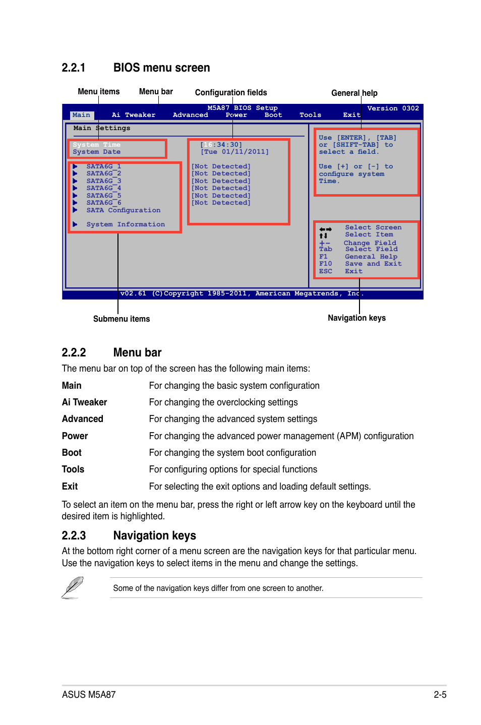 1 bios menu screen, 2 menu bar, 3 navigation keys | Bios menu screen -5, Menu bar -5, Navigation keys -5, 1 bios menu screen 2.2.2 menu bar | Asus M5A87 User Manual | Page 47 / 70