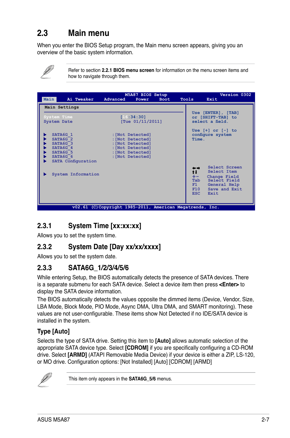 3 main menu, 1 system time [xx:xx:xx, 2 system date [day xx/xx/xxxx | 3 sata6g_1/2/3/4/5/6, Main menu -7 2.3.1, System time [xx:xx:xx] -7, System date [day xx/xx/xxxx] -7, Sata6g_1/2/3/4/5/6 -7, Type [auto | Asus M5A87 User Manual | Page 49 / 70