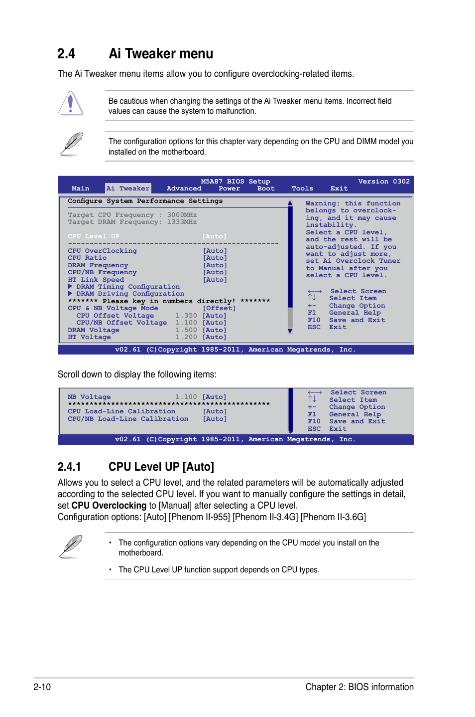 4 ai tweaker menu, 1 cpu level up [auto, Ai tweaker menu -10 2.4.1 | Cpu level up [auto] -10, 10 chapter 2: bios information, Scroll down to display the following items | Asus M5A87 User Manual | Page 52 / 70