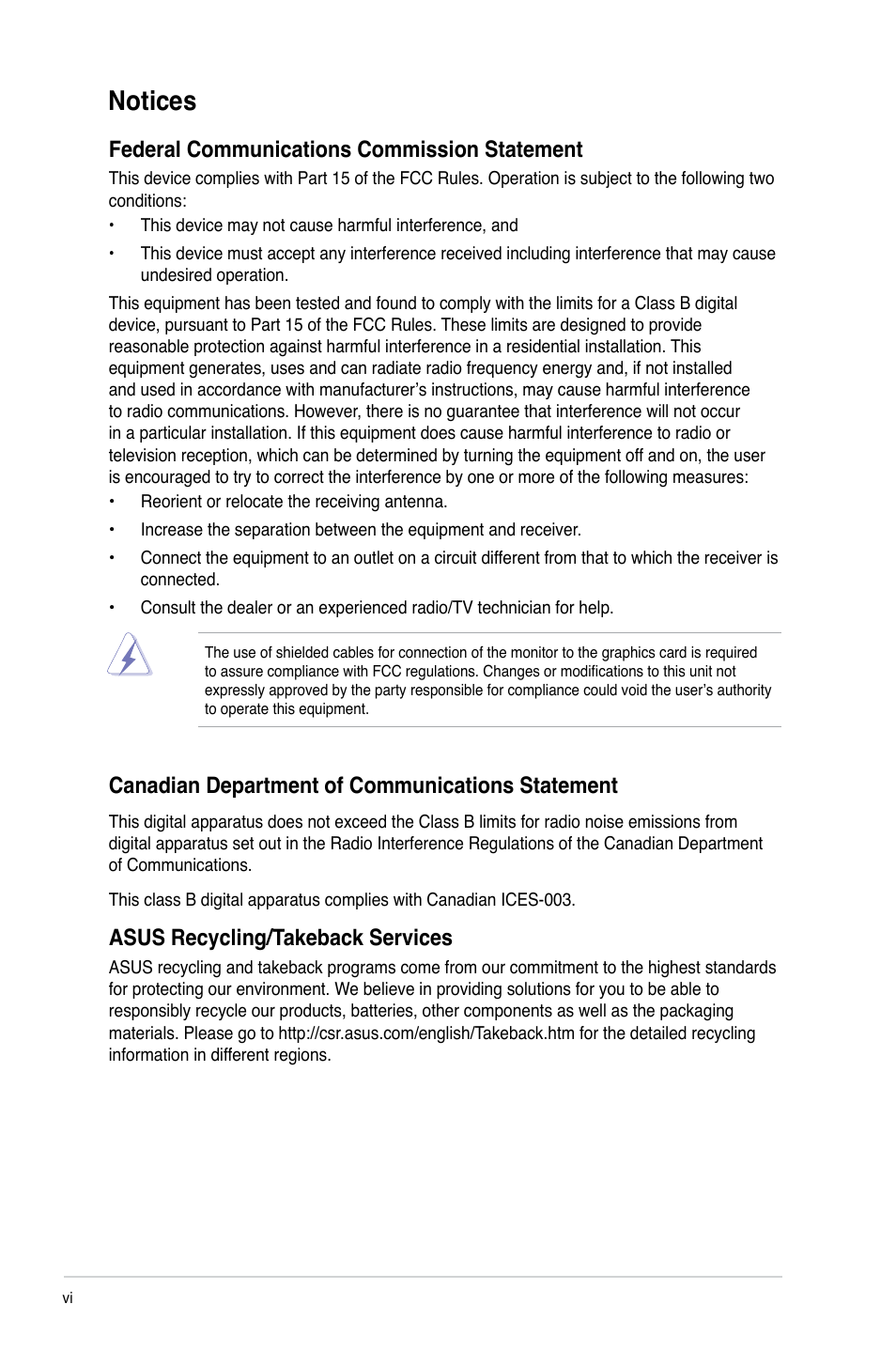 Notices, Federal communications commission statement, Canadian department of communications statement | Asus recycling/takeback services | Asus M5A87 User Manual | Page 6 / 70