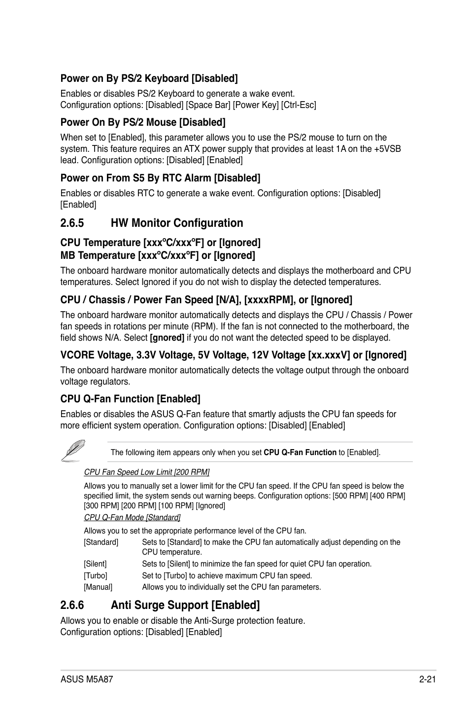 5 hw monitor configuration, 6 anti surge support [enabled, Hw monitor configuration -21 | Anti surge support [enabled] -21 | Asus M5A87 User Manual | Page 63 / 70