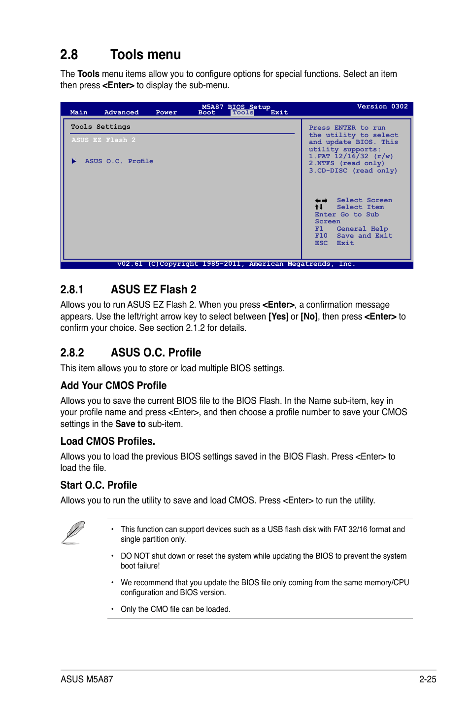 8 tools menu, 1 asus ez flash 2, 2 asus o.c. profile | Tools menu -25 2.8.1, Asus ez flash 2 -25, Asus o.c. profile -25, Add your cmos profile, Load cmos profiles, Start o.c. profile | Asus M5A87 User Manual | Page 67 / 70