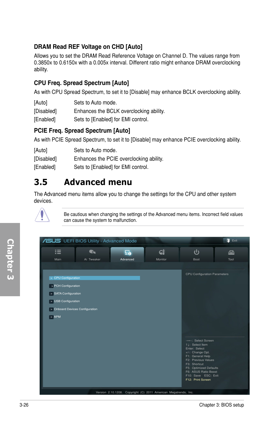 5 advanced menu, Advanced menu -26, Chapter 3 | Dram read ref voltage on chd [auto, Cpu freq. spread spectrum [auto, Pcie freq. spread spectrum [auto | Asus P9X79 DELUXE User Manual | Page 102 / 176