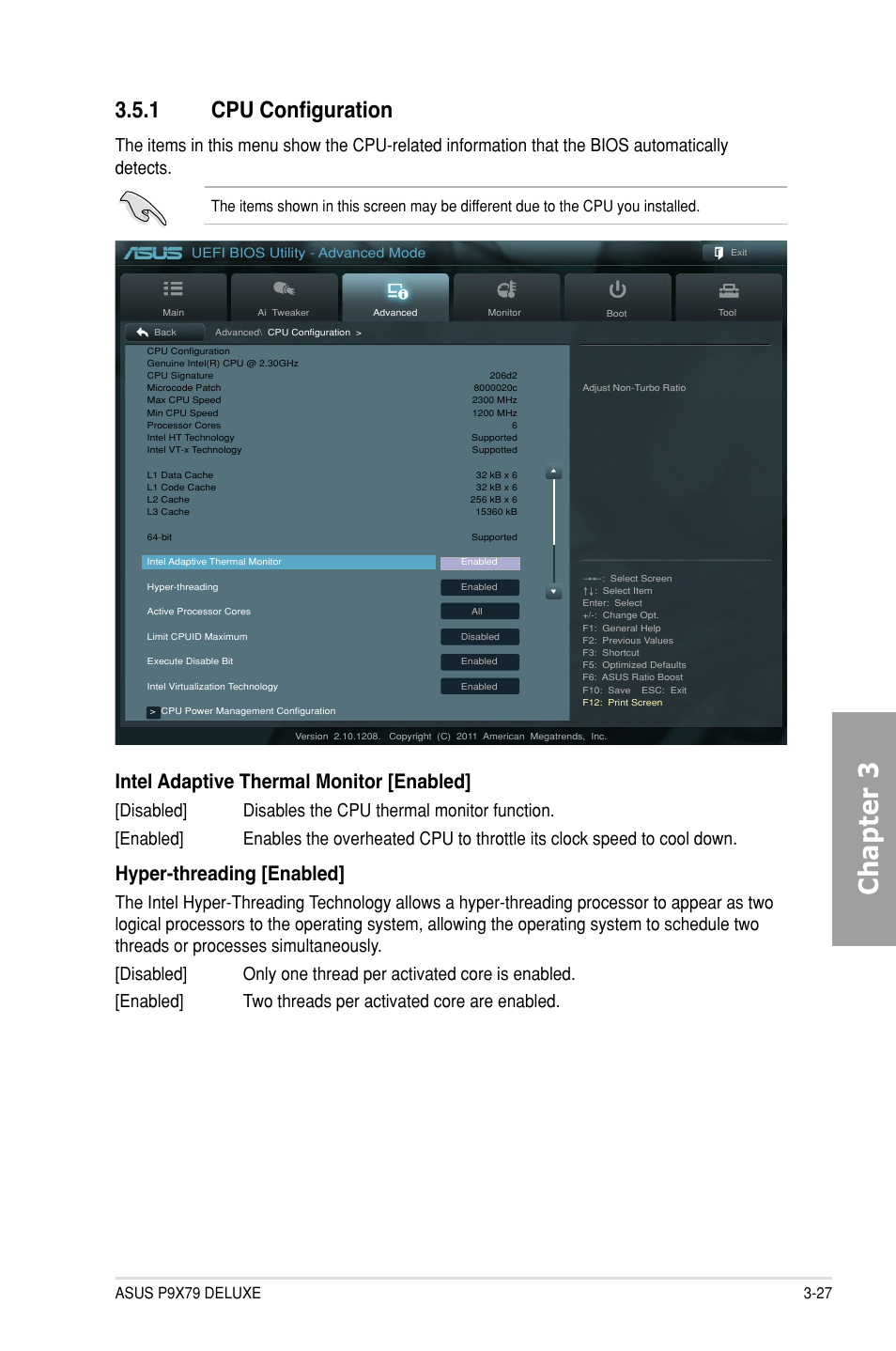 1 cpu configuration, Cpu configuration -27, Chapter 3 | Intel adaptive thermal monitor [enabled, Hyper-threading [enabled | Asus P9X79 DELUXE User Manual | Page 103 / 176