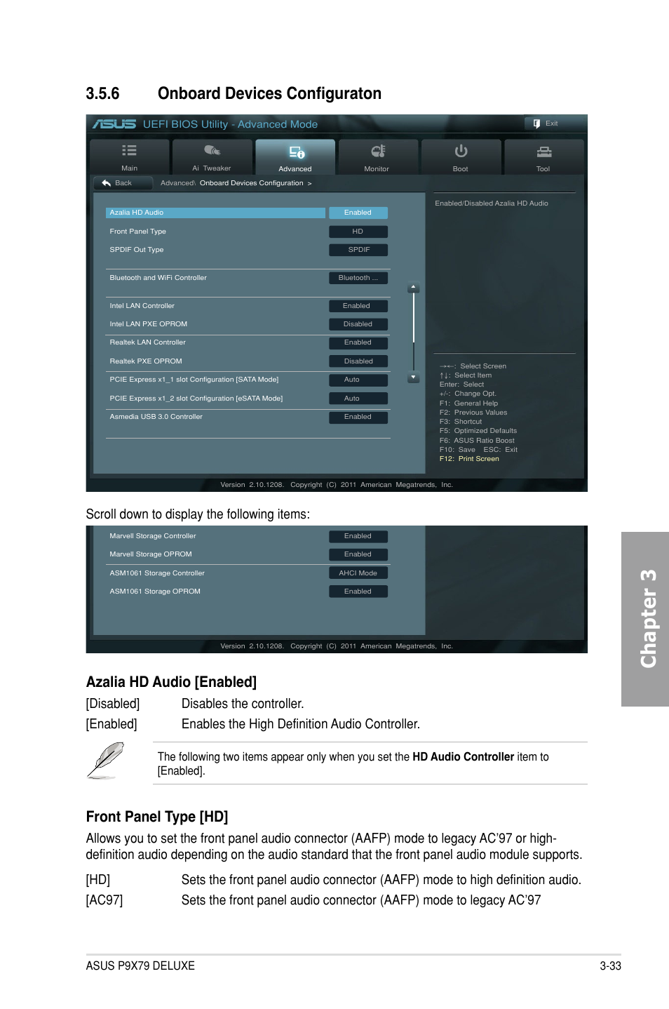 6 onboard devices configuraton, Onboard devices configuraton -33, Chapter 3 | Azalia hd audio [enabled, Front panel type [hd, Scroll down to display the following items | Asus P9X79 DELUXE User Manual | Page 109 / 176