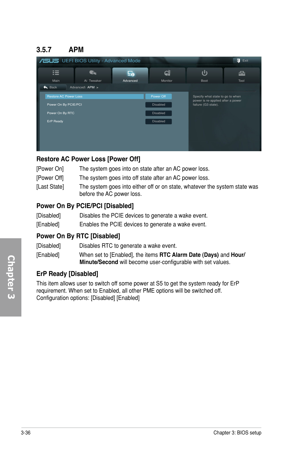 7 apm, Apm -36, Chapter 3 | Restore ac power loss [power off, Power on by pcie/pci [disabled, Power on by rtc [disabled, Erp ready [disabled | Asus P9X79 DELUXE User Manual | Page 112 / 176