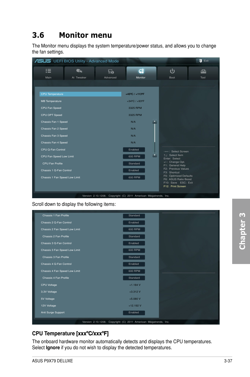 6 monitor menu, Monitor menu -37, Chapter 3 3.6 monitor menu | Cpu temperature [xxx�c/xxx�f] [xxx�c/xxx�f, Uefi bios utility - advanced mode | Asus P9X79 DELUXE User Manual | Page 113 / 176