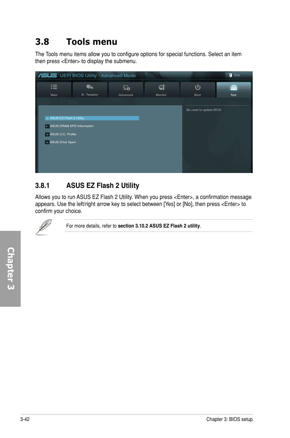 8 tools menu, 1 asus ez flash 2 utility, Tools menu -42 3.8.1 | Asus ez flash 2 utility -42, Chapter 3 3.8 tools menu | Asus P9X79 DELUXE User Manual | Page 118 / 176